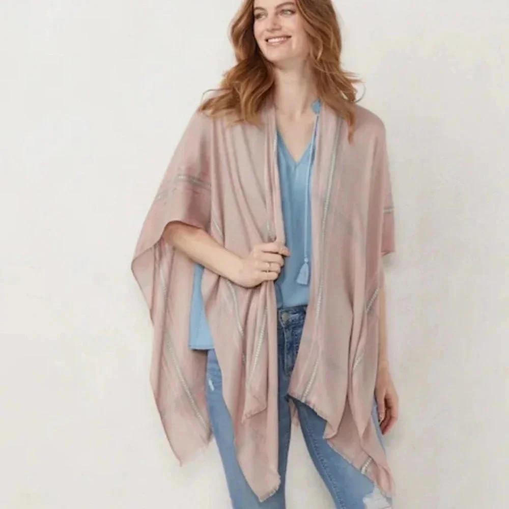 NEW LC Lauren Conrad Women Wrap One Size Pink Striped‎ Boho Open Front Layering